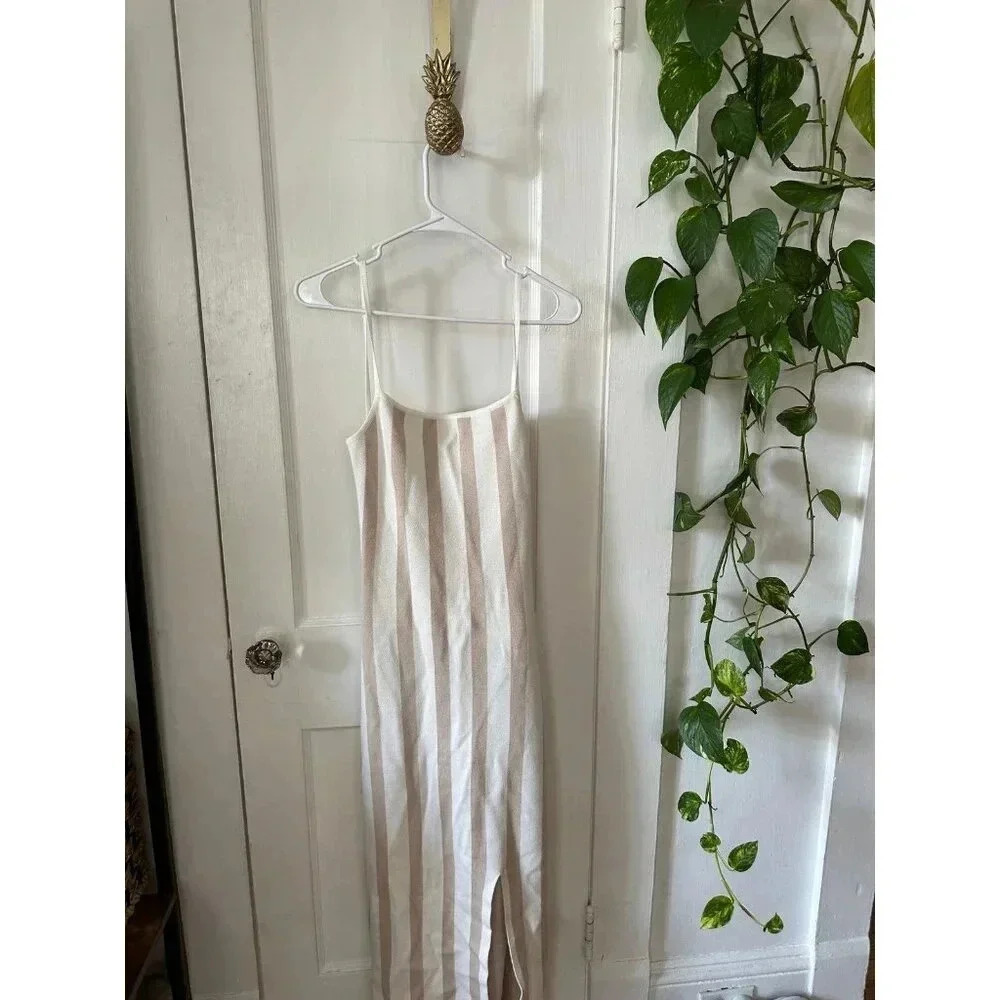 PrettyLittleThing Beige and White Striped Maxi Slip Dress
